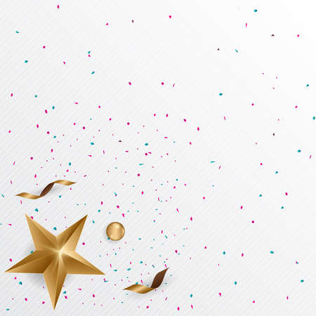 Gold star and gold ribbons with confetti on white background. Vector illustrationのイラスト素材
