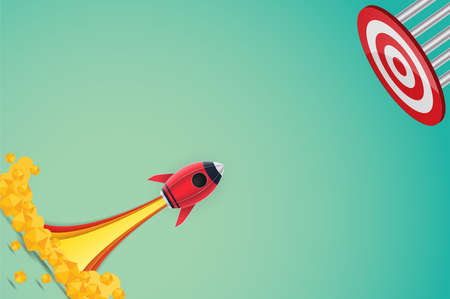 Concept rocket launch to target paper art style , start up business concept and exploration idea. vector illustration.のイラスト素材