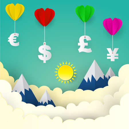 Heart balloon with US Dollar, Euro, Great Britain Pound, Japanese Yen , paper art style ,business concept and idea. vector illustration.のイラスト素材