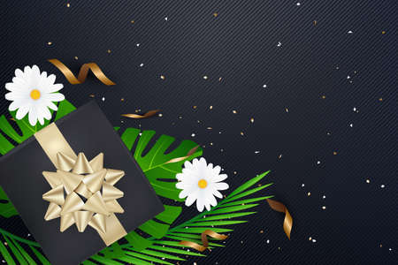 Creative natural layout tropical flowers and green leaves with gifl boox bow confetti on background texture.Nature concept .Vector illustrationのイラスト素材