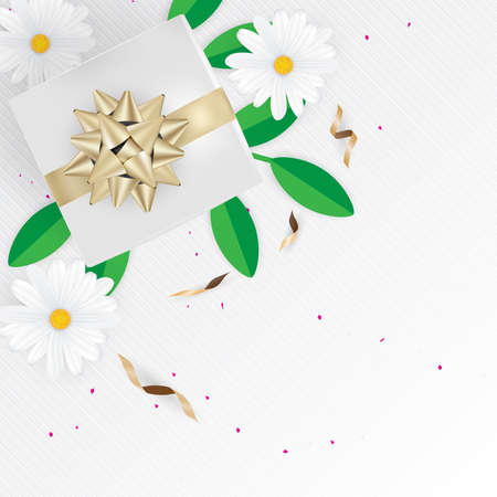 Creative natural layout tropical flowers and green leaves with gifl boox bow confetti on background texture.Nature concept .Vector illustrationのイラスト素材