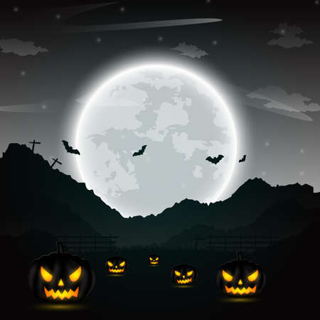 Halloween night background with pumpkin, naked trees, bat and full moon on dark background Vector illustration.のイラスト素材