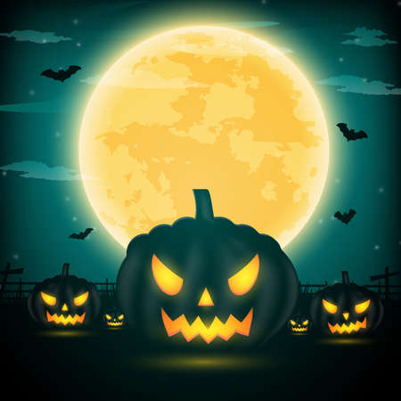 Halloween night background with pumpkin, bat and full moon with dark background. Vector illustration.のイラスト素材