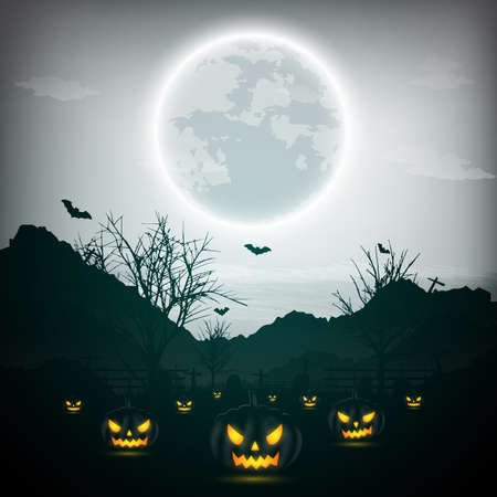 Halloween night design with pumpkin, trees, bat, and full moon on dark background.のイラスト素材