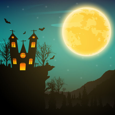 Halloween night design with pumpkin, trees, bat, haunted house and full moon on dark background.のイラスト素材