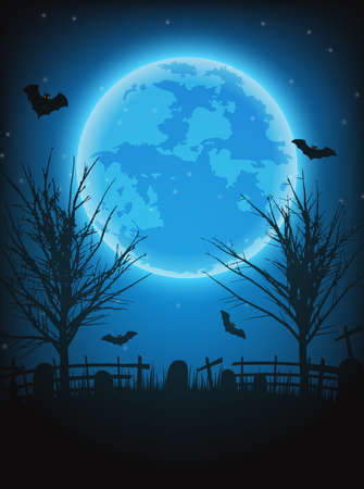 Halloween night design with pumpkin, trees, bat, graveyard and full moon on dark background.のイラスト素材