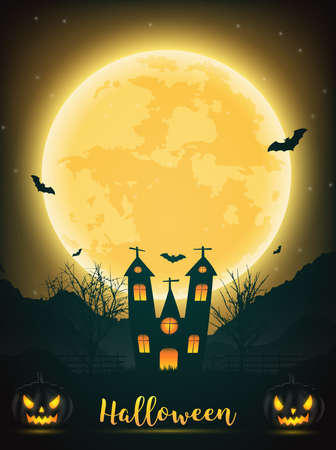 Halloween night design with pumpkin, trees, bat, haubted house and full moon on dark background.のイラスト素材