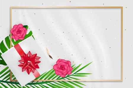 Creative natural layout tropical flowers and green leaves with gifl boox bow confetti on background texture.Nature concept.のイラスト素材
