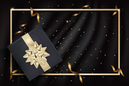 Black gift box and gold bow ribbons with confetti on dark silk texture background. Vector illustration
のイラスト素材