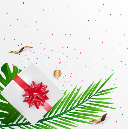 Creative natural layout tropical flowers and green leaves with gifl boox bow confetti on background texture.Nature concept .Vector illustration
のイラスト素材