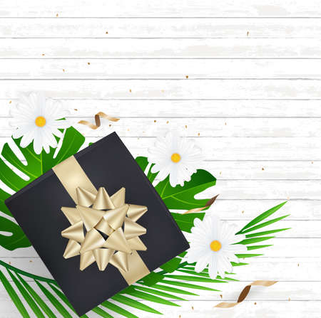 Creative natural layout tropical flowers and green leaves with gifl boox bow confetti on background texture.Nature concept .Vector illustration
のイラスト素材