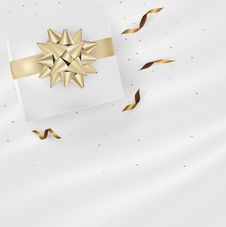 White gift box and gold bow ribbons with confetti on light silk texture background. Vector illustrationのイラスト素材