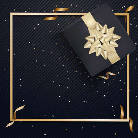 Black gift box and gold bow ribbons with confetti on dark texture background. Vector illustrationのイラスト素材