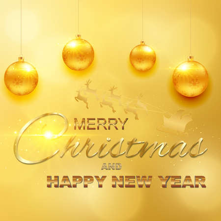 Merry Christmas and Happy New Year greeting card with light, colored text Design on gold background. Vector Illustration.
のイラスト素材