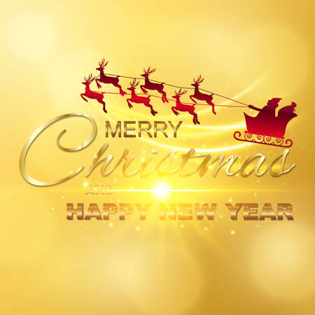 Merry Christmas and Happy New Year greeting card with light, colored text Design on gold background. Vector Illustration.のイラスト素材
