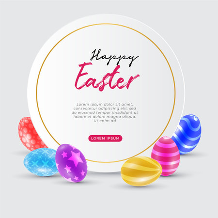 Happy Easter with beautiful colorful eggs. Copy space for place for your text. Vector illustration.のイラスト素材