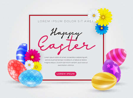 Happy Easter with beautiful colorful eggs. Copy space for place for your text. Vector illustration.
のイラスト素材