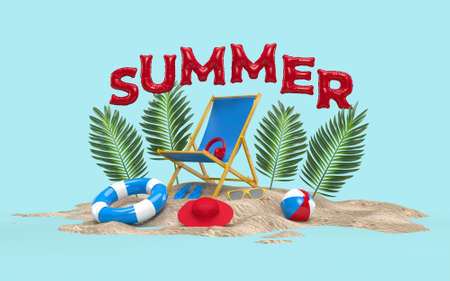 3D Text Summer on Beach Island With Sun Glass, Flip-Flops, Ball, Ring Floating, Plam Leaf and Chair For Background, Banner. Design of Summer Vacation Holiday Concept. 3D Rendering
の写真素材