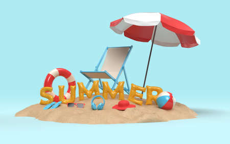 3D Text Summer on Beach Island With Beach Umbrella, Sun Glass, Flip-Flops, Ball, Ring Floating and Chair For Background Banner or Wallpaper. Design of Summer Vacation Holiday Concept. 3D Rendering 
の写真素材