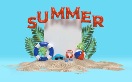 3D Text Summer on Beach Island With Sun Glass, Flip-Flops, Ball, Ring Floating, Palm Leaf outdoor relaxation with text space For Background. Design of Summer Vacation Holiday Concept. 3D Rendering
の写真素材
