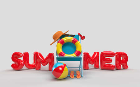 3D Text Summer with Elements, Sun Glass, Flip-Flops, Hat Beach, Ball, Ring Floating and Chair For Background Banner or Wallpaper. Creative Design of Summer Vacation Holiday Concept. 3D Rendering 
の写真素材