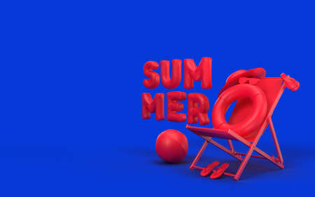 3D Text Summer with Elements, Sun Glass, Flip-Flops, Hat Beach, Ball, Ring Floating and Chair For Background Banner or Wallpaper. Creative Design of Summer Vacation Holiday Concept. 3D Rendering 
の写真素材