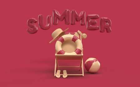 3D Text Summer with Elements, Sun Glass, Flip-Flops, Hat Beach, Ball, Ring Floating and Chair For Background Banner or Wallpaper. Creative Design of Summer Vacation Holiday Concept. 3D Rendering 
の写真素材