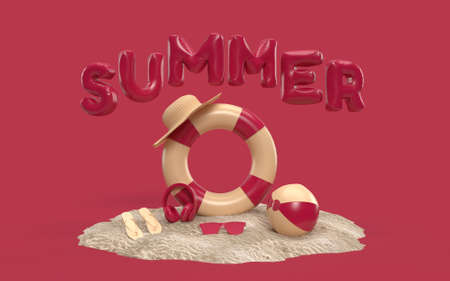 3D Text Summer on Beach Island With Sun Glass, Flip-Flops, Ball, Ring Floating. Outdoor relaxation season with copy space For Background Banner. Design of Summer Vacation Holiday Concept. 3D Rendering
の写真素材