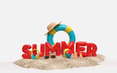 3D Text Summer on Beach Island With Sun Glass, Flip-Flops, Ball, Ring Floating. Outdoor relaxation season with copy space For Background Banner. Design of Summer Vacation Holiday Concept. 3D Rendering
の写真素材