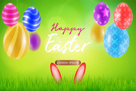 Happy Easter day celebration party. 3D egg with grass and sun with happy easter text in the spring season on a background. for banner, greeting card, social media advertisingのイラスト素材