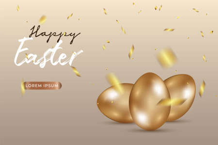 Happy Easter day celebration party. 3D golden egg with realistic golden shine decorated confetti for banner, greeting card, social media advertise. On background abstractのイラスト素材