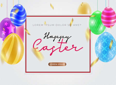Happy Easter with beautiful colorful 3d eggs and confetti . Funny festive decoration for banner, greeting card, social media advertising. Vector illustration.のイラスト素材