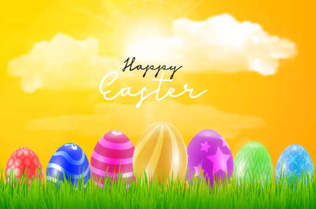 Happy Easter day celebration party. 3D egg with grass and sun with happy easter text in the spring season on a background. for banner, greeting card, social media advertisingのイラスト素材