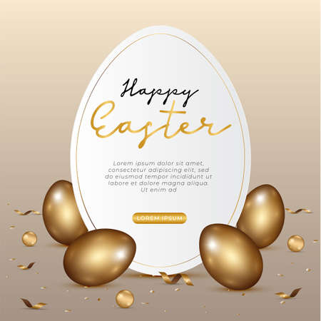 Happy Easter day celebration party. 3D golden egg with realistic golden shine decorated confetti for banner, greeting card, social media advertise. On background abstractのイラスト素材
