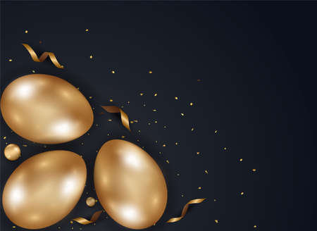 Happy Easter day celebration party. 3D golden egg with realistic golden shine decorated confetti for banner, greeting card, social media advertise. On background abstractのイラスト素材