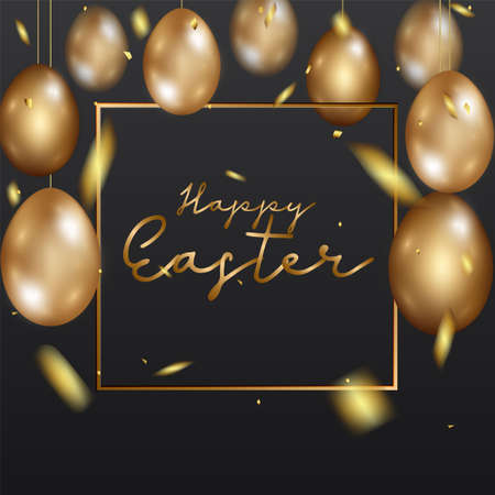 Happy Easter day celebration party. 3D golden egg with realistic golden shine decorated confetti for banner, greeting card, social media advertise. On background abstractのイラスト素材