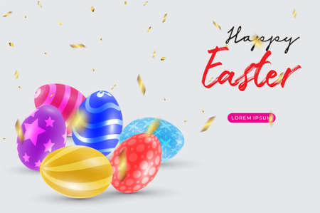 Happy Easter with beautiful colorful 3d eggs and confetti . Funny festive decoration for banner, greeting card, social media advertising. Vector illustration.
のイラスト素材