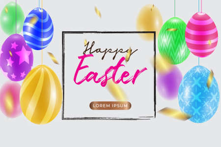 Happy Easter with beautiful colorful 3d eggs and confetti . Funny festive decoration for banner, greeting card, social media advertising. Vector illustration.
のイラスト素材