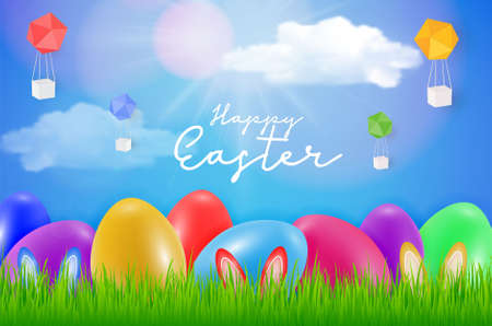 Happy Easter day celebration party. 3D egg with grass and sun with happy easter text in the spring season on a background. for banner, greeting card, social media advertising
のイラスト素材