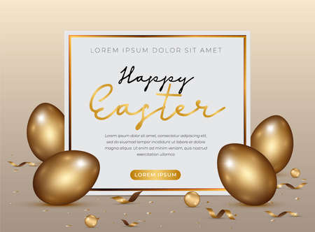Happy Easter day celebration party. 3D golden egg with realistic golden shine decorated confetti for banner, greeting card, social media advertise. On background abstractのイラスト素材