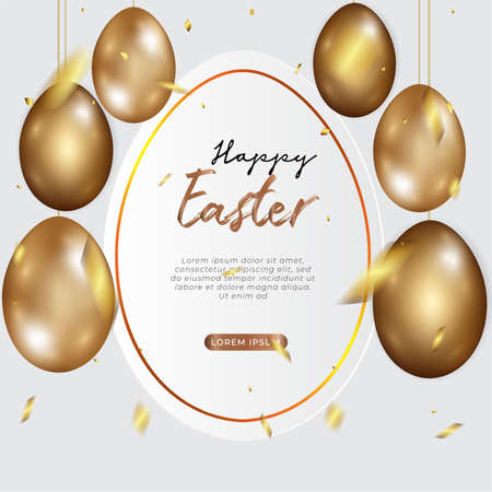 Happy Easter day celebration party. 3D golden egg with realistic golden shine decorated confetti for banner, greeting card, social media advertise. On background abstract
のイラスト素材