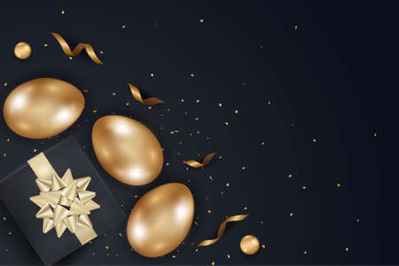 Happy Easter day celebration party. 3D golden egg with realistic golden shine decorated confetti for banner, greeting card, social media advertise. On background abstractのイラスト素材