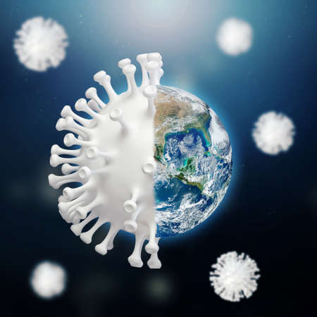 COVID-19, Corona disease infection medical illustration. Concept earth of a fight against cure searches and spreading disease the virus. 3d rendering. Elements of this image furnished by NASAの写真素材