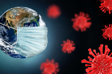 COVID-19, Corona disease infection medical illustration. Concept earth with the mask a fight against cure searches and spreading disease the virus.の写真素材