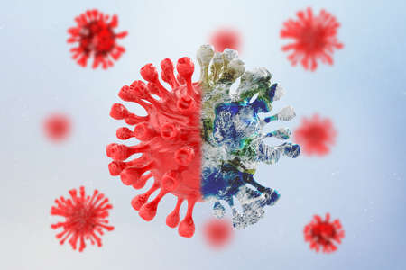 COVID-19, Corona disease infection medical illustration. Concept earth of a fight against cure searches and spreading disease the virus. 3d rendering. Elements of this image furnished by NASAの写真素材