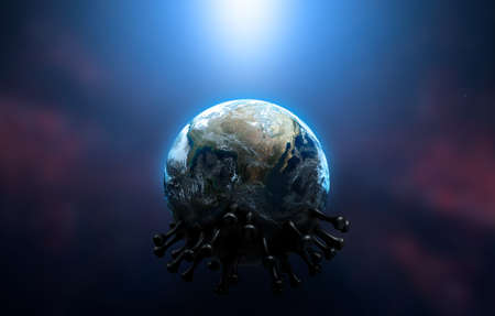 COVID-19, Corona disease infection medical illustration. Concept earth of a fight against cure searches and spreading disease the virus. 3d rendering. Elements of this image furnished by NASAの写真素材