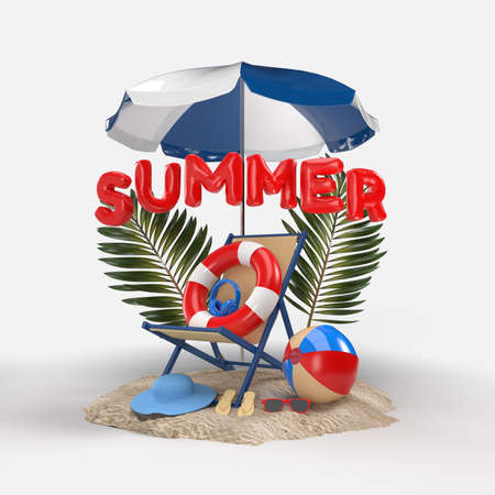 3D Text Summer on Beach Island With Beach Umbrella, Sun Glass, Flip-Flops, Ball, Ring Floating, Plam Leaf and Chair For Background, Banner. Design of Summer Vacation Holiday Concept. 3D Renderingの写真素材