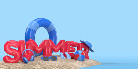 3D Text Summer on Beach Island With Sun Glass, Flip-Flops, Ball, Ring Floating. Outdoor relaxation season with copy space For Background Banner. Design of Summer Vacation Holiday Concept. 3D Renderingの写真素材