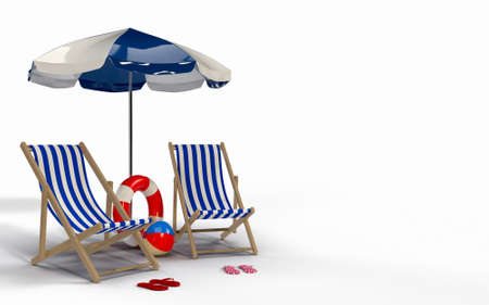 Summer time with Elements, Flip-Flops, Ball, Ring Floating and Chair For Background Banner or Wallpaper. Creative Design of Summer Vacation Holiday Concept. 3D Renderingの写真素材