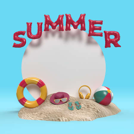 3D Text Summer on Beach Island With Sun Glass, Flip-Flops, Ball, Ring Floating, Palm Leaf outdoor relaxation with text  space For Background. Design of Summer Vacation Holiday Concept. 3D Renderingの写真素材